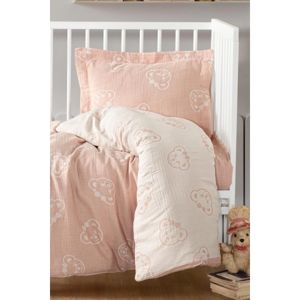 Kanz Jakarlı Müslin Bebek Nevresim Takımı Knz-013 Bear Pudra