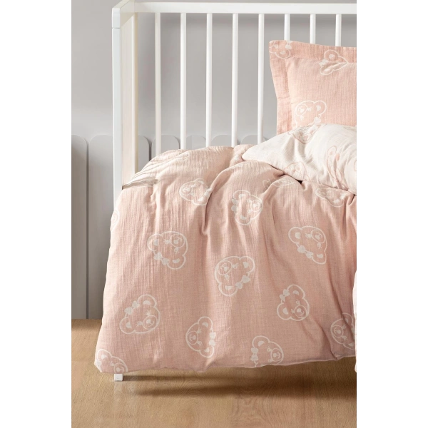 Kanz Jakarlı Müslin Bebek Nevresim Takımı Knz-013 Bear Pudra