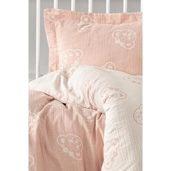 Kanz Jakarlı Müslin Bebek Nevresim Takımı Knz-013 Bear Pudra