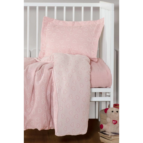 Kanz Jakarlı Müslin Bebek Nevresim Takımı Knz-013 Heart Pembe
