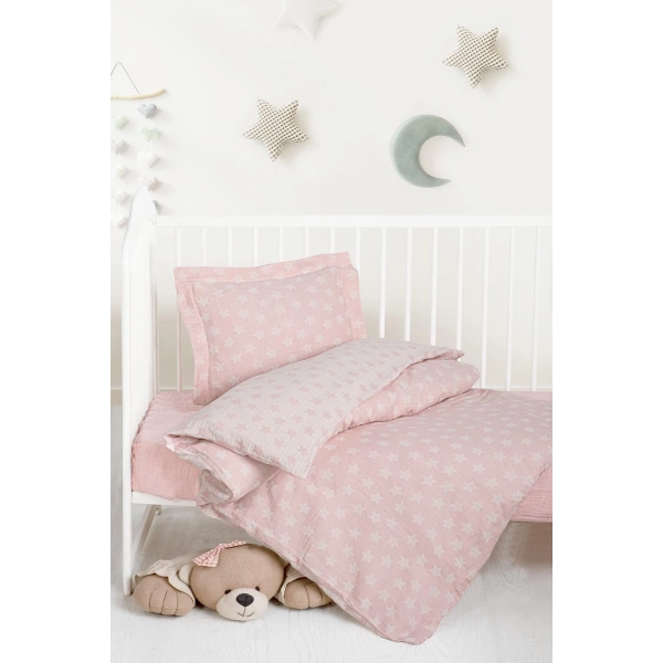 Kanz Jakarlı Müslin Bebek Nevresim Takımı Knz-013 Stars Pembe