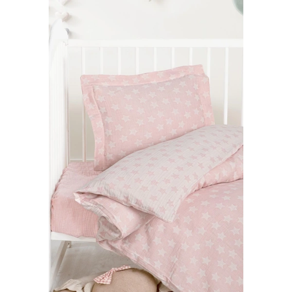 Kanz Jakarlı Müslin Bebek Nevresim Takımı Knz-013 Stars Pembe