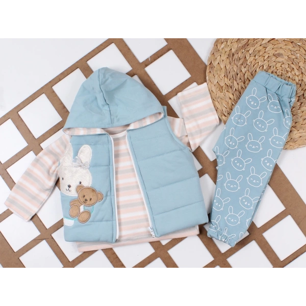 KIZ BEBEK 9-12-18 AY TAVŞAN AYICIK SİMGELİ ŞİŞME YELEKLİ 3 LÜ TAKIM