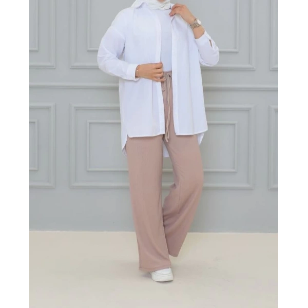 Krem renk Beli Lastikli Bürümcük Kumaş geniş paça Pantolon