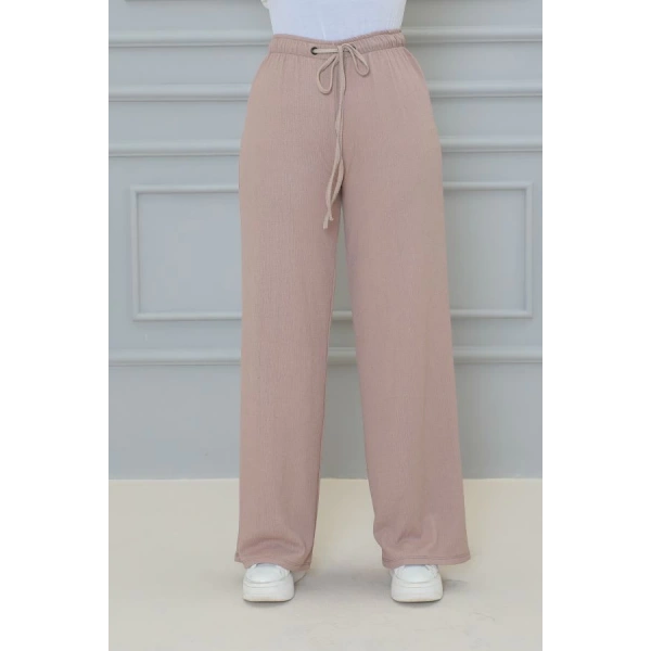 Krem renk Beli Lastikli Bürümcük Kumaş geniş paça Pantolon