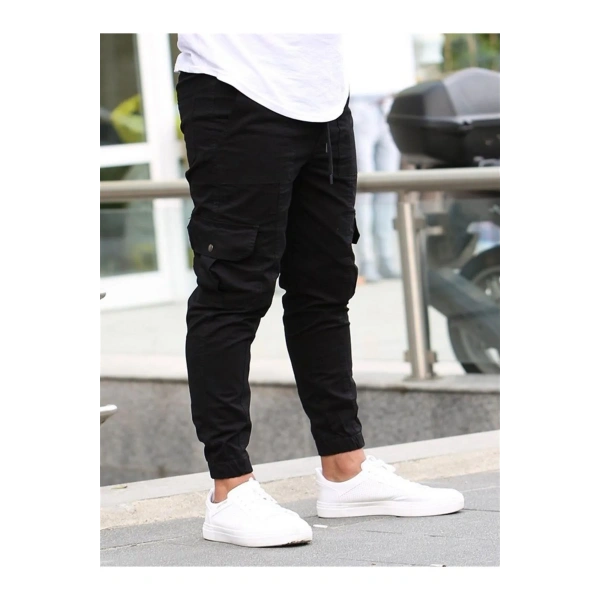 Likralı pamuklu Beli ve Paçası Lastikli mevsimlik Siyah Kargo Pantolon