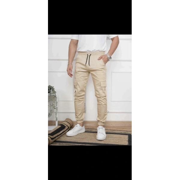 Likralı pamuklu Beli ve Paçası Lastikli mevsimlik Kahverengi Kargo Pantolon