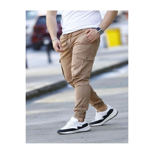 Likralı pamuklu Beli ve Paçası Lastikli mevsimlik Kahverengi Kargo Pantolon