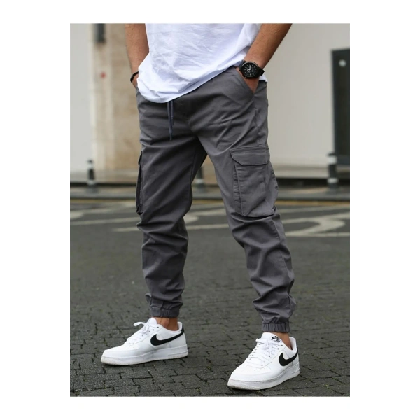 Likralı pamuklu Beli ve Paçası Lastikli mevsimlik Gri Kargo Pantolon