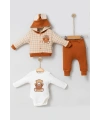 3-9 Ay Bear Çizgili Hırkalı 3lü Bebek Takımı Kahverengi