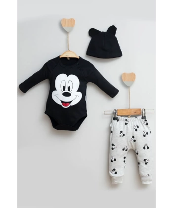 3-18 Ay Erkek Bebek Takımı Mickey Şapkalı 3lü Siyah