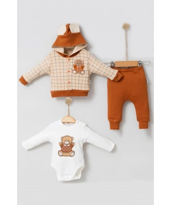 3-9 Ay Bear Çizgili Hırkalı 3lü Bebek Takımı Kahverengi