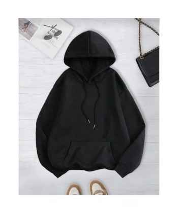 Düz Uzun Kollu Oversize Kadın Hoodie