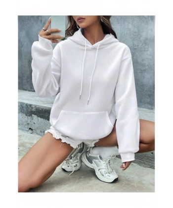Düz Uzun Kollu Oversize Kadın Hoodie- Kadın Kapişonlu Sweatshirt