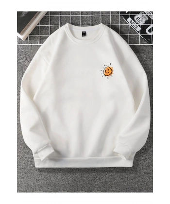 Unisex Önü Güneş Baskılı Oversize Bisiklet Yaka Swetshirt