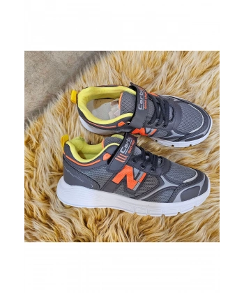 Bağcıklı Unisex Çocuk Spor Ayakkabısı-Gri-Orange-yeşil
