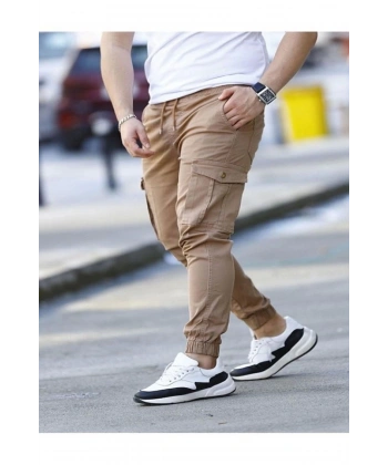 likralı beli ve paçası lastikli kahverengi kargo pantolon