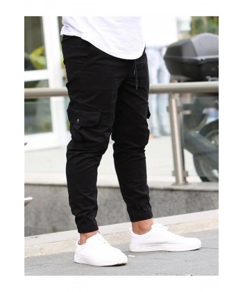 likralı beli ve paçası lastikli siyah kargo pantolon