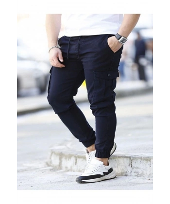 likralı beli ve paçası lastikli lacivert kargo pantolon