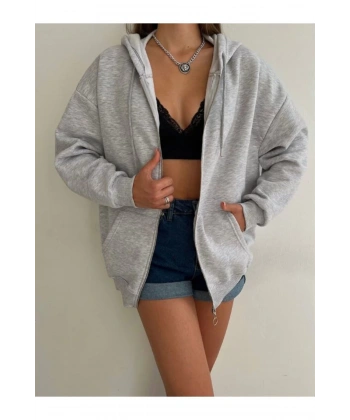 Kadın Fermuarlı Kapşonlu Sweat Hırka