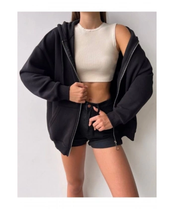 Kadın Fermuarlı Kapşonlu Sweat Hırka