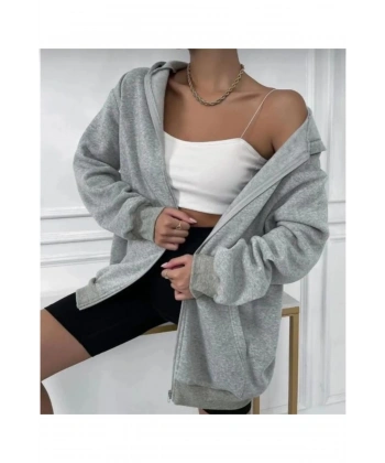 Kadın Siyah Kalın Kışlık Kumaş Fermuarlı Kapşonlu Hırka