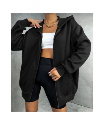 Kadın Siyah Kalın Kışlık Kumaş Fermuarlı Kapşonlu Hırka