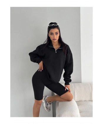 Unisex Dik Yaka Yarım Fermuarlı Düşük Kol Pamuk Oversize Sweatshirt