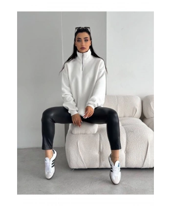 Unisex Dik Yaka Yarım Fermuarlı Düşük Kol Pamuk Oversize Sweatshirt