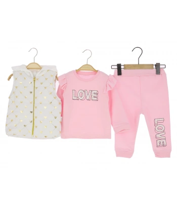 9/24 AY BEBE KIZ TAKIM 3LÜ YELEKLİ LOVE BASKILI
