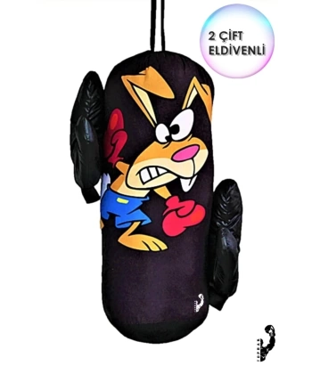 Çocuk Boks Torbası 2 Çift Eldiven Hediyeli Eğlenceli Evde Boks(Unisex Kız-Erkek) Siyah