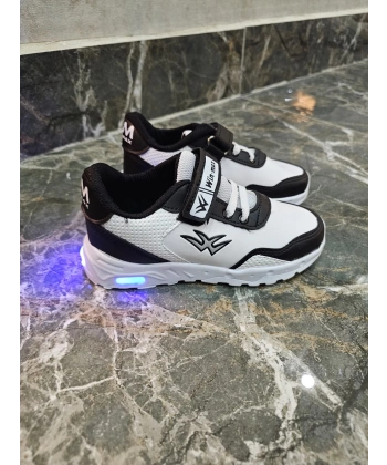 Çocuk Unisex Beyaz Siyah Işıklı Cırtlı Ayakkabı