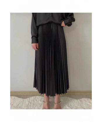 Deri görünümlü Rahat kesim şık plise etek