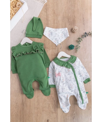 Fırfırlı 4li Uzun Kollu Kız Bebek Tulum Takım