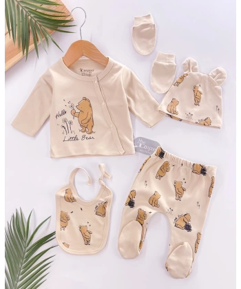 Hello Little Bear Baskılı 5 Parça %100 Pamuk Erkek Bebek Hastane Çıkışı