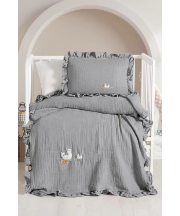 Kanz 4 Kat Hand Made Fırfırlı Müslin Örtü Seti Knz-020 Gri