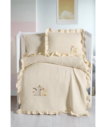 Kanz 4 Kat Hand Made Fırfırlı Müslin Örtü Seti Knz-020 Krem