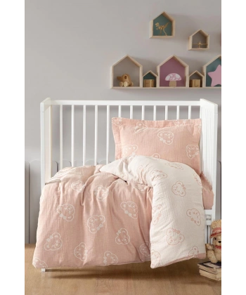 Kanz Jakarlı Müslin Bebek Nevresim Takımı Knz-013 Bear Pudra