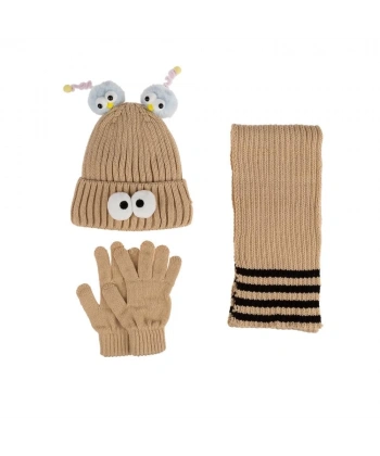 Kitti Çocuk Kız Atkı Bere Eldiven Takım (4-8 Yaş) K24170-09 Bej