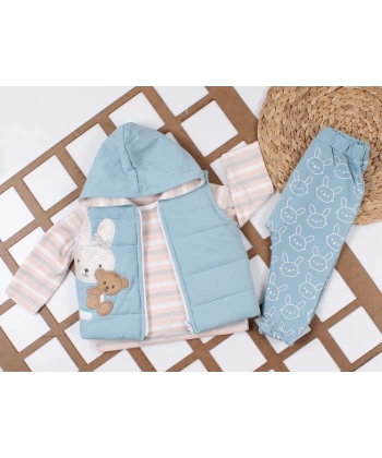 KIZ BEBEK 9-12-18 AY TAVŞAN AYICIK SİMGELİ ŞİŞME YELEKLİ 3 LÜ TAKIM