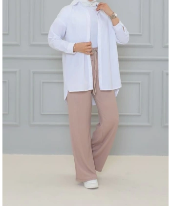 Krem renk Beli Lastikli Bürümcük Kumaş geniş paça Pantolon