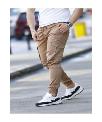 Likralı pamuklu Beli ve Paçası Lastikli mevsimlik Kahverengi Kargo Pantolon