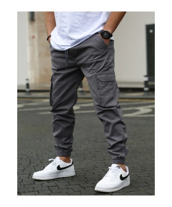 Likralı pamuklu Beli ve Paçası Lastikli mevsimlik Gri Kargo Pantolon