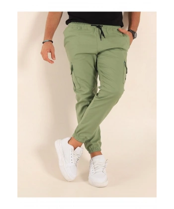 Likralı pamuklu Beli ve Paçası Lastikli mevsimlik haki renk Pantolon