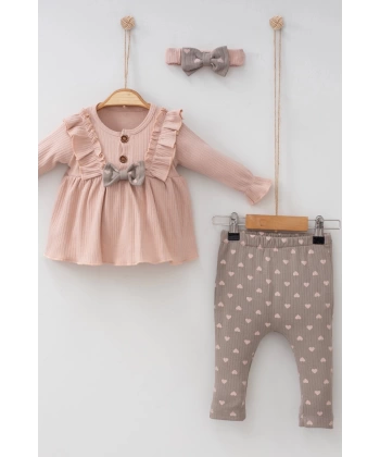 Minik Kalpli Fırfırlı Bandanalı 3lü Kız Bebek Takımı