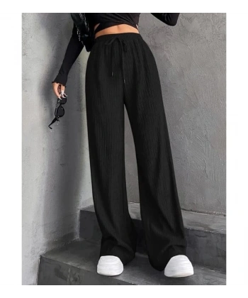 Siyah Kadın Bol Paça Beli Lastikli Bürümcük Kumaş Pantolon