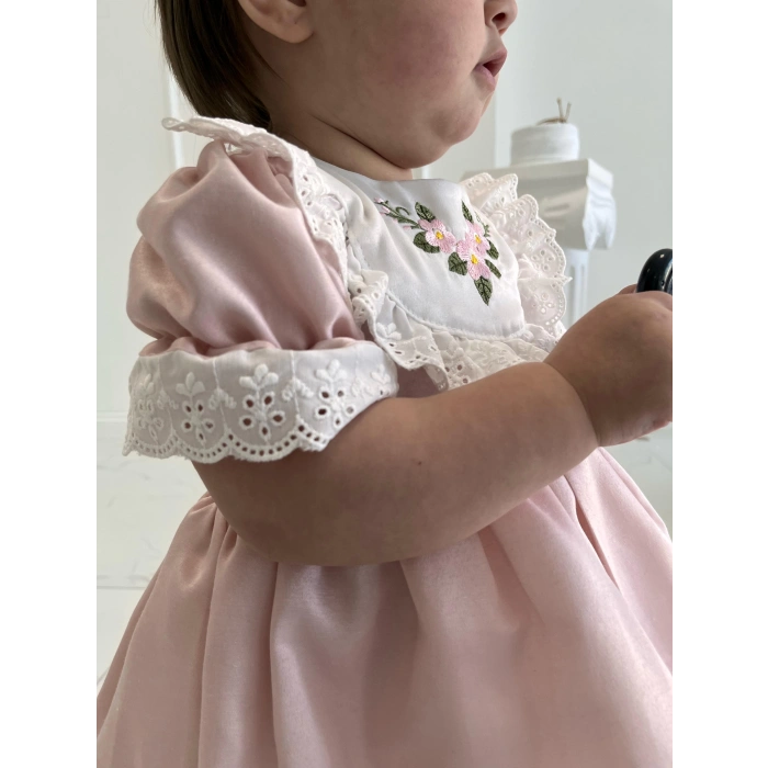 ÇİÇEK NAKIŞLI VİNTAGE KIZ ÇOCUK ELBİSE
