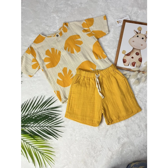 GABRİEL SARI YAPRAK DESENLİ MUSLİN ŞORTLU TAKIM