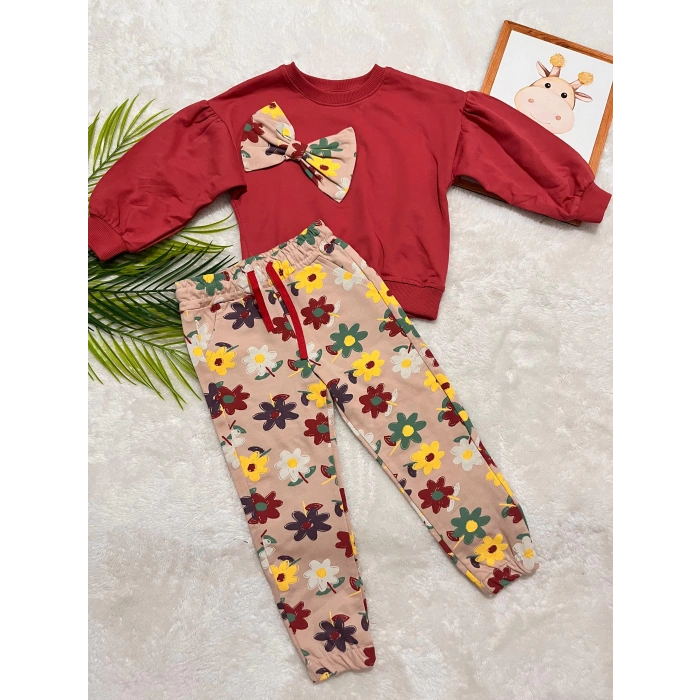 KIZ ÇOCUK FİYONKLU ÇİÇEKLİ TAKIM