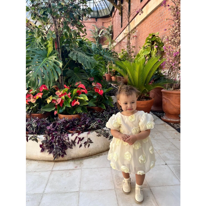 SİMA GÜLLÜ KIZ BEBEK ELBİSE - KREM (SARI)